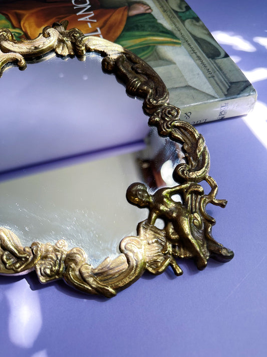 Antique Rococo Oval Mirror Gilt Floral Frame Cherub Shell Crest Brass Wall Decor