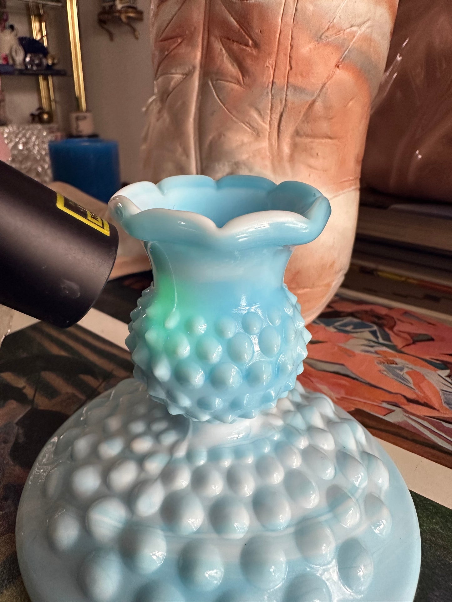 Vintage Fenton Blue Hobnail Glass Candlestick Pair Slag Glass