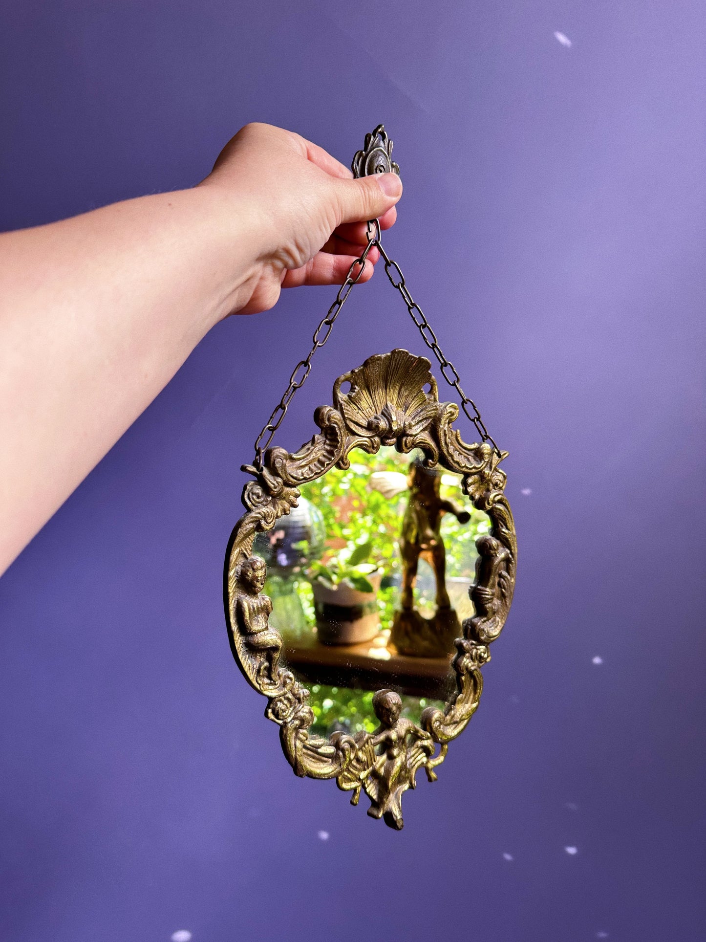 Antique Rococo Oval Mirror Gilt Floral Frame Cherub Shell Crest Brass Wall Decor