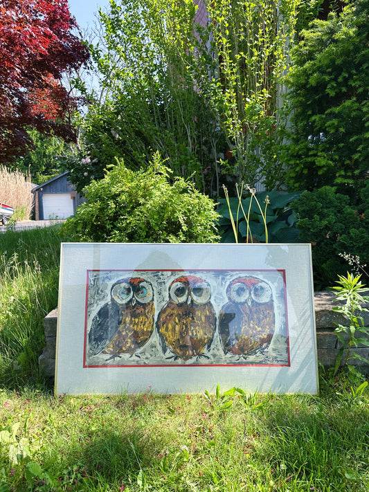 Large MCM 3 Owls Matted & Framed Art by John Hoyman 1960s