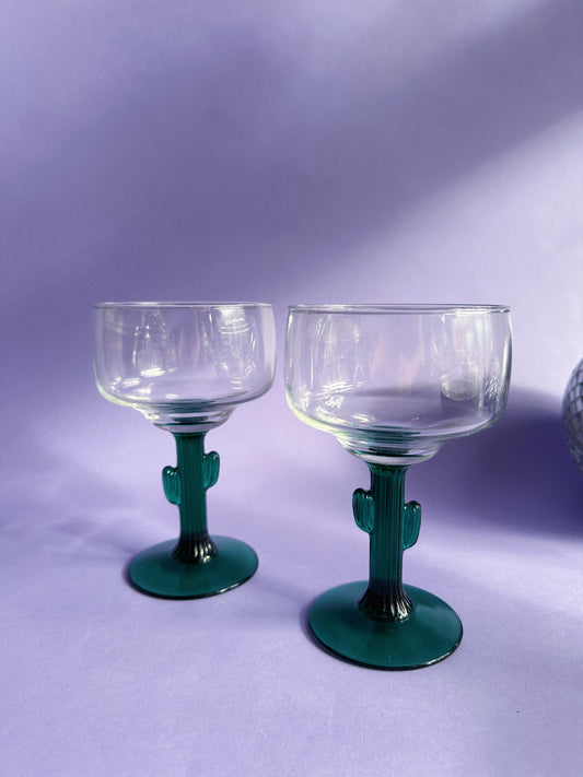 Libbey Cactus Margarita Glasses Set of 2 Green Stem Clear Glass