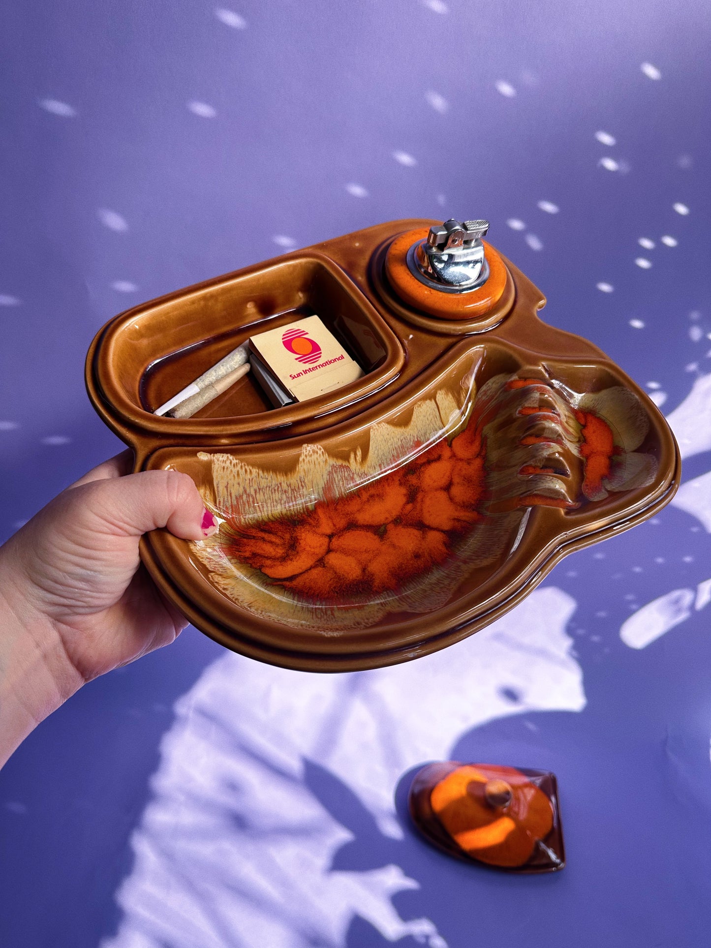 Vintage MCM Ceramic Drip Glazed Large Orange Ashtray Stashtray and Lighter