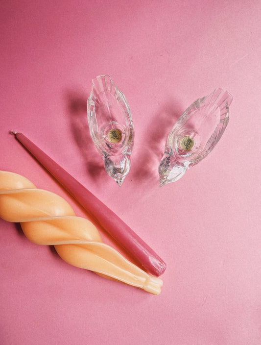 Vintage Pair of Crystal Bird Taper Candlesticks