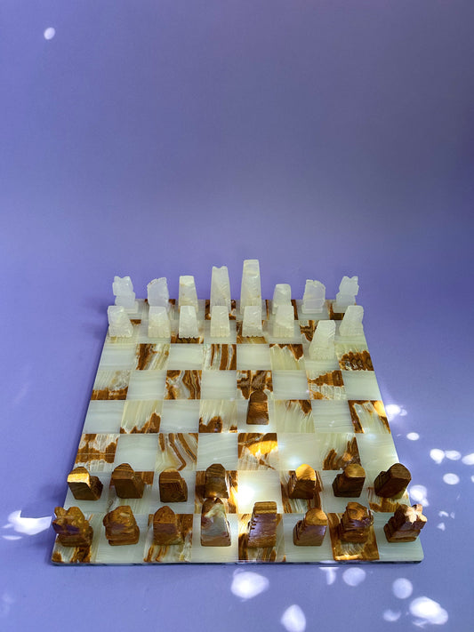 Vintage Complete Aztec Chess Set Marble Cut Stone Hand Carved Large Brown White