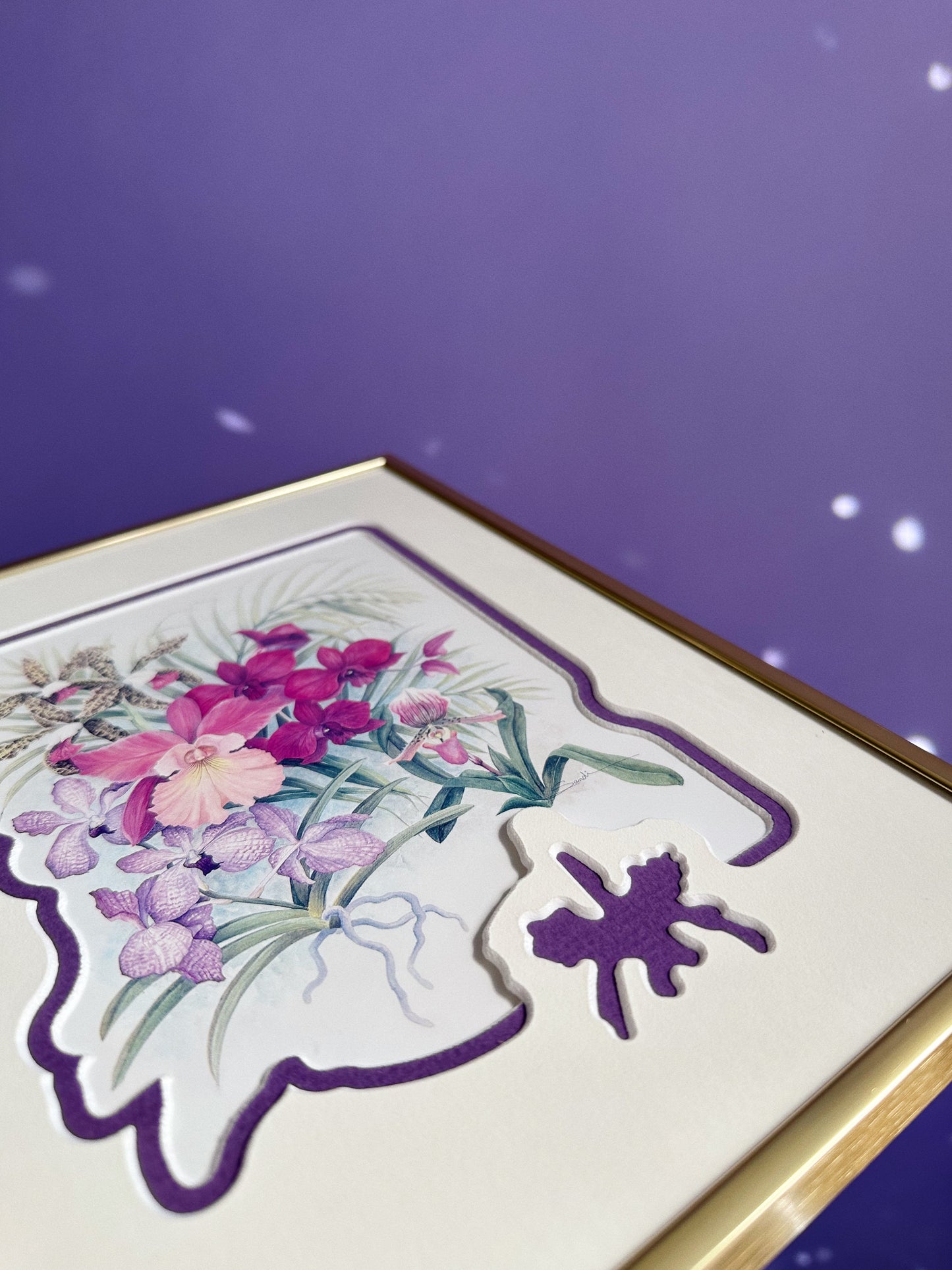 90s Orchid Medley Print With An Orchid Matte In A Brass Frame