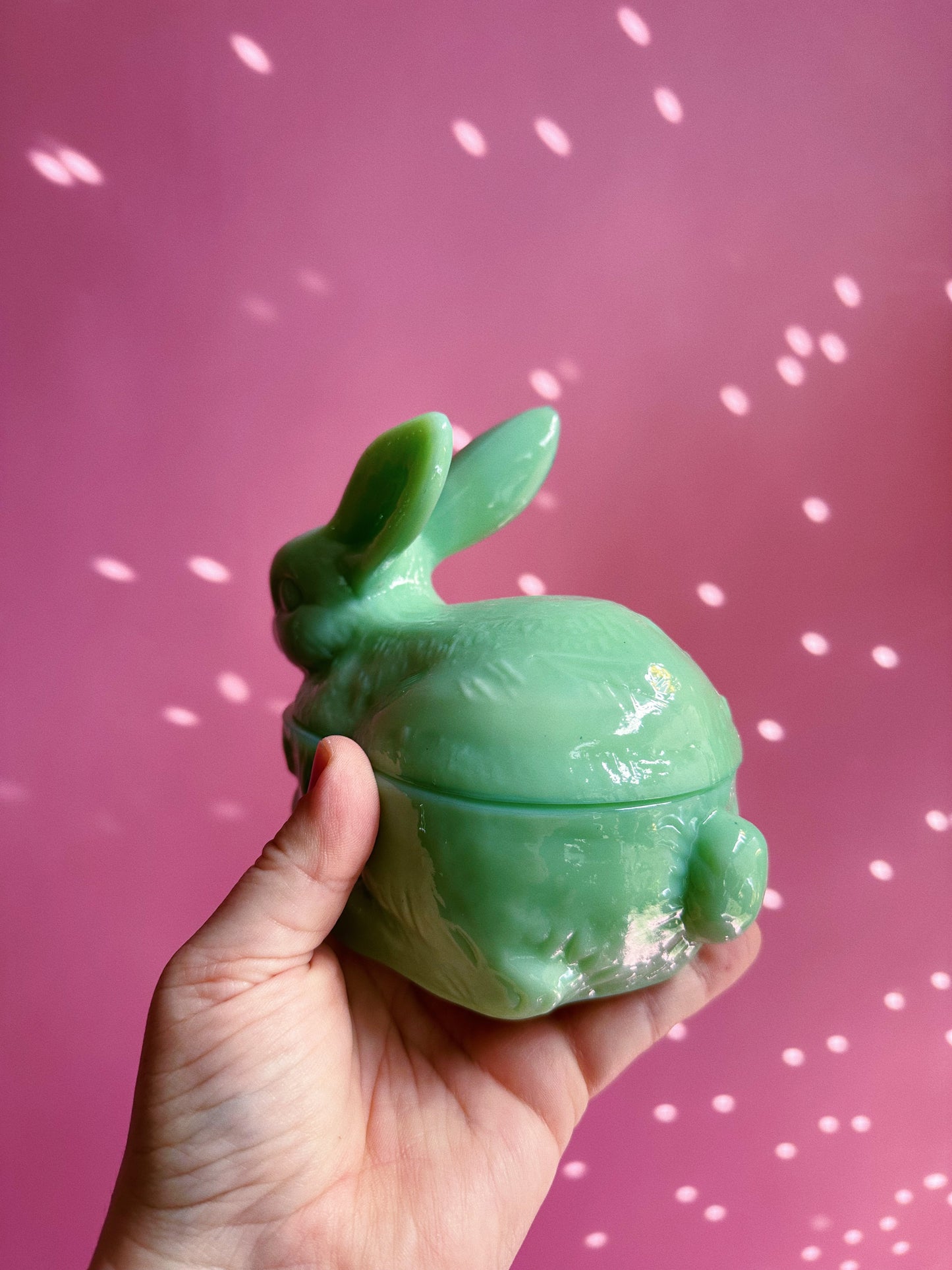 Jadeite Green Bunny Rabbit Lidded Covered Candy / Trinket Dish, New, Glass, 6"