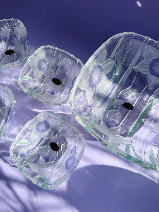 Vintage Crystal Clear Studios Purple Floral 5 Pc Bowl Set