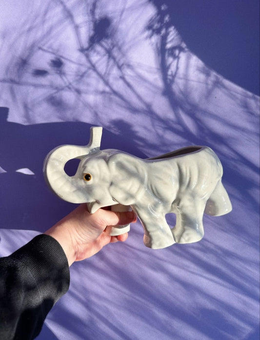 Vintage Ceramic Light Grey Elephant Planter