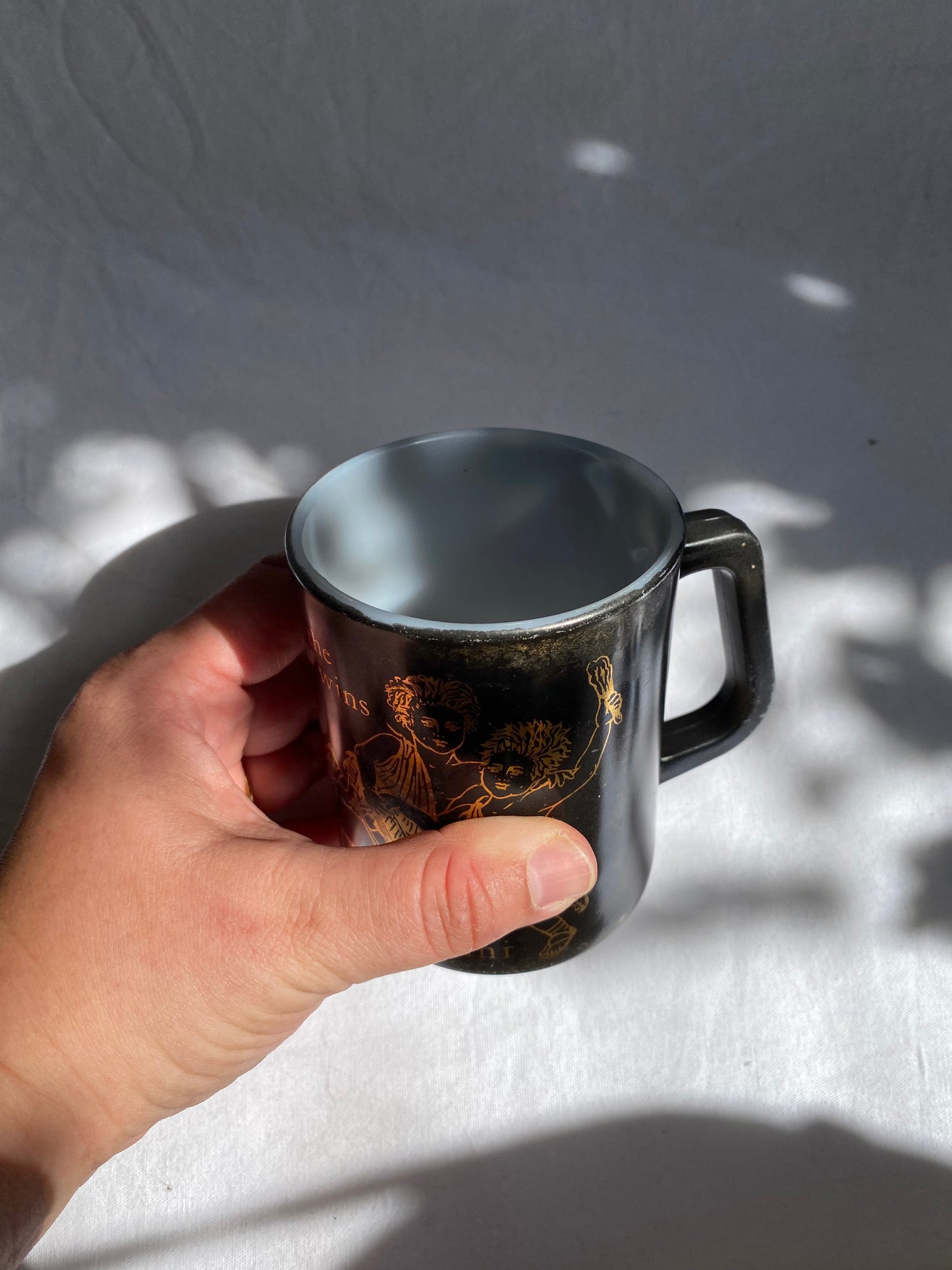 Vintage Federal Milk Glass Gemini Zodiac Sign Coffee Mug Cup Black & Gold