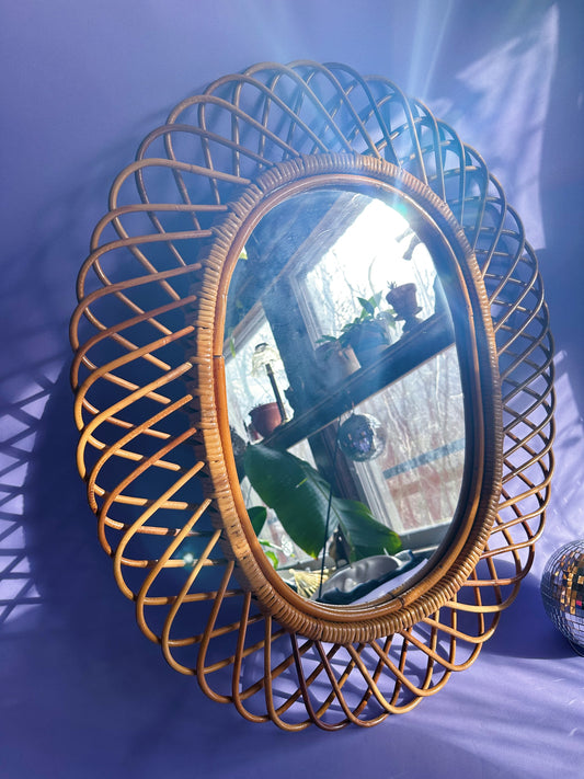 Rosenthal Netter Bamboo Rattan Mid Century Modern Oval Mirror MCM