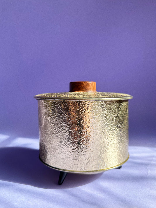 Vintage Gold Round Metal Embossed Container Tapered Legs West Germany