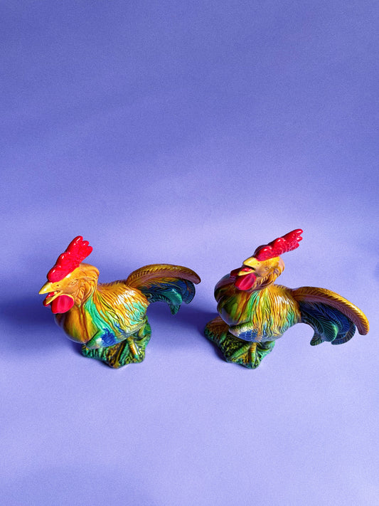 Pair Of 12” Majolica Glazed Bright Ceramic Roosters