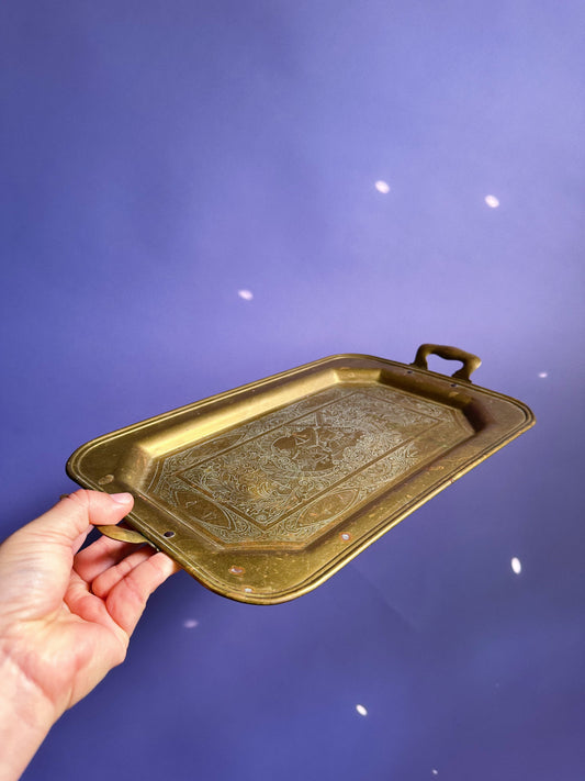 Antique Patina Brass Tea Tray Etched Dutch Girl Scene With Handles