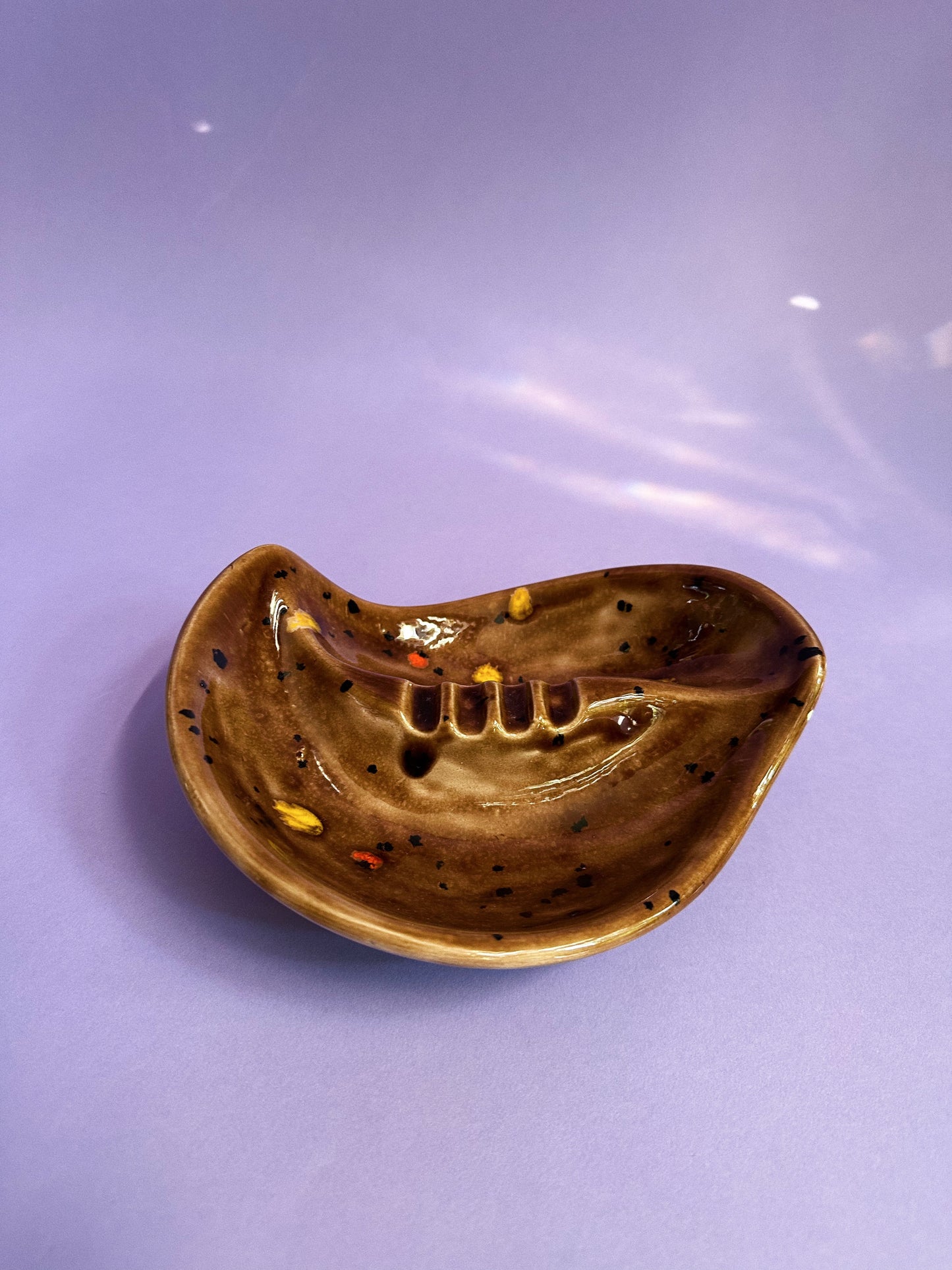 Vintage Glazed Brown Speckled Ceramic Ashtray / Throw Dish