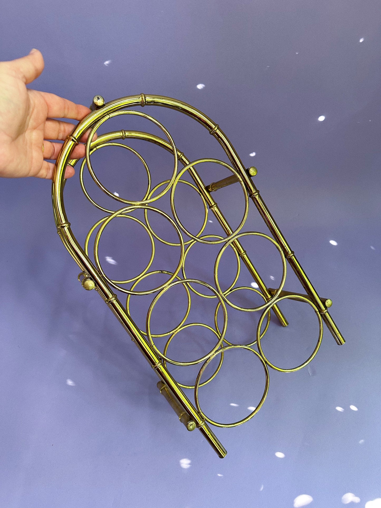 Vintage Hollywood Regency Brass Faux Bamboo 7-Bottle Wine Rack Tabletop