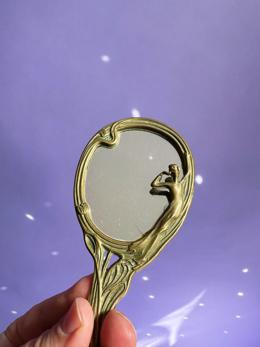 Mini Vintage Brass Lady In The Lake Hand Mirror