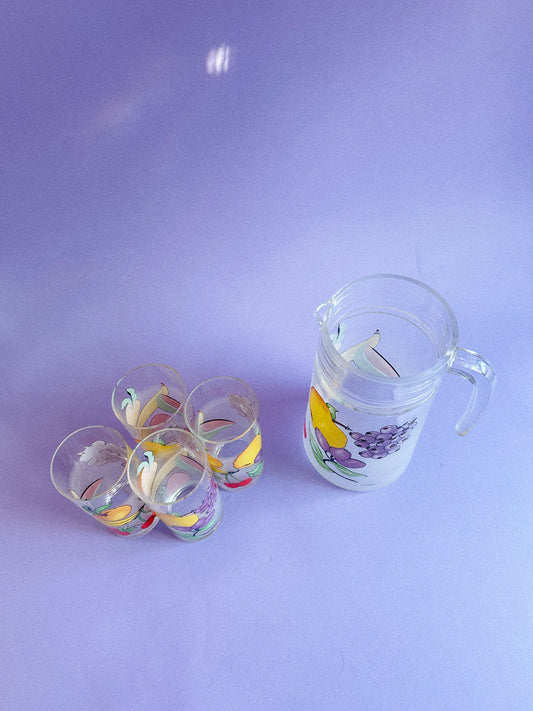 Vintage 1980 France Glass Juice Pitcher & 4 Glasses Frosted Colorful Fruit Retro