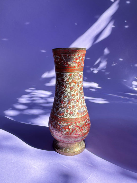 Vintage Orange Glowing Brass Vase W Enamel Detail