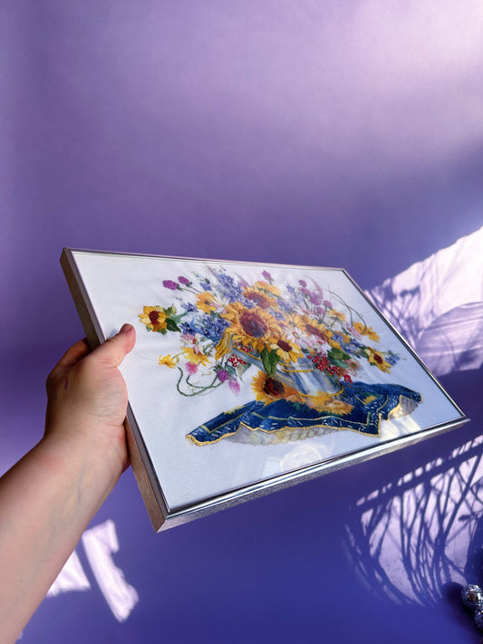 Vintage Sunflower Bouquet Crewel Embroidery Complete Needlepoint