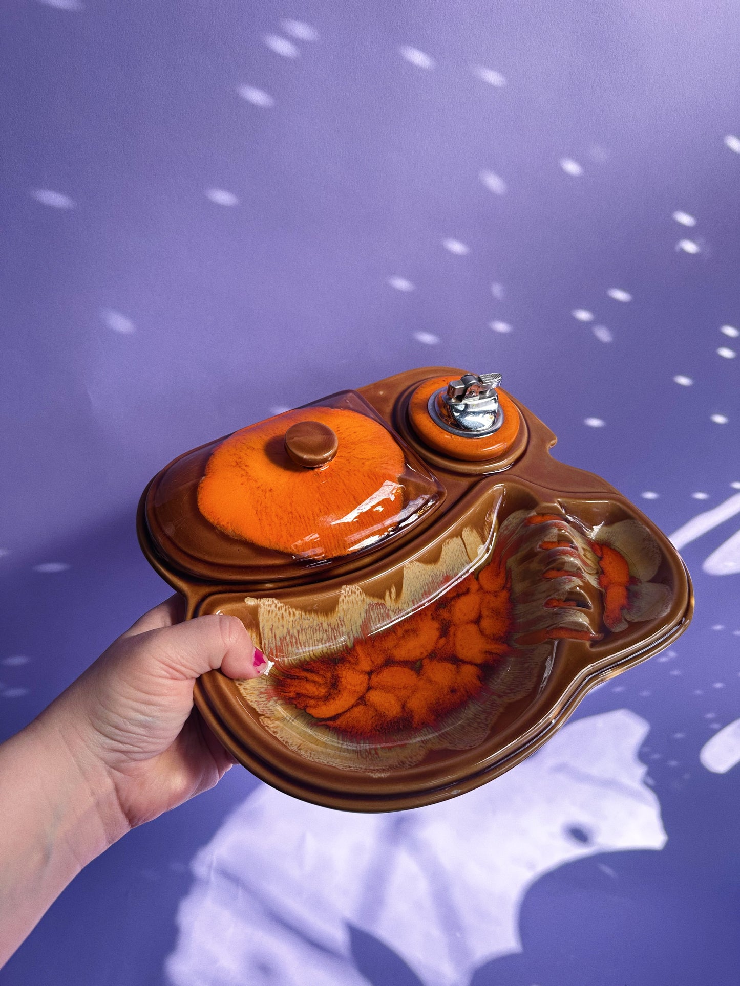 Vintage MCM Ceramic Drip Glazed Large Orange Ashtray Stashtray and Lighter