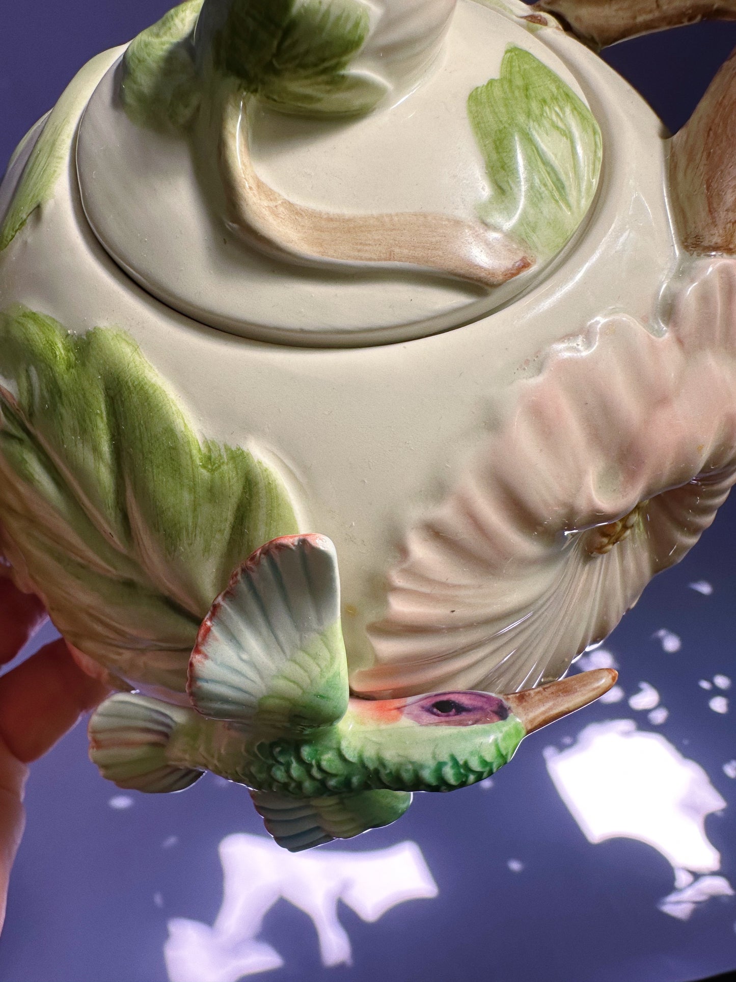 Vintage Fitz & Floyd Hand Painted 48oz Teapot Hummingbird & Hibiscus Ceramic 1987