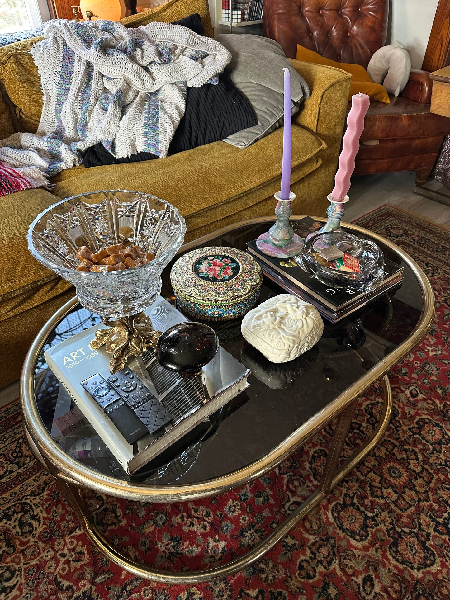 L&L Cut Glass Pedestal Centerpiece Bowl Bronze Brass 9 1/8 X 8 1/2"