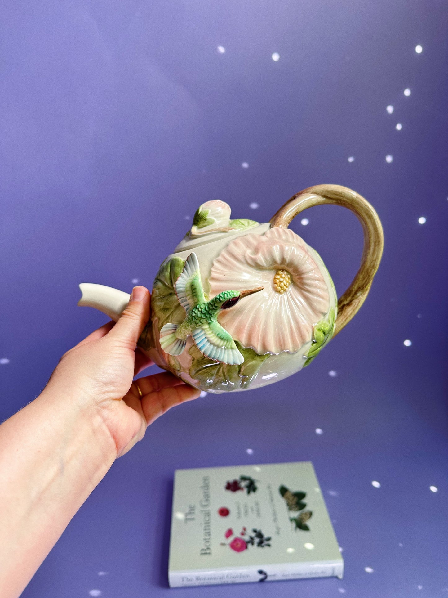 Vintage Fitz & Floyd Hand Painted 48oz Teapot Hummingbird & Hibiscus Ceramic 1987