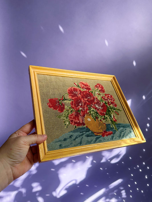 Beautiful Vintage Rose Floral Framed Needlepoint Cross Stitch