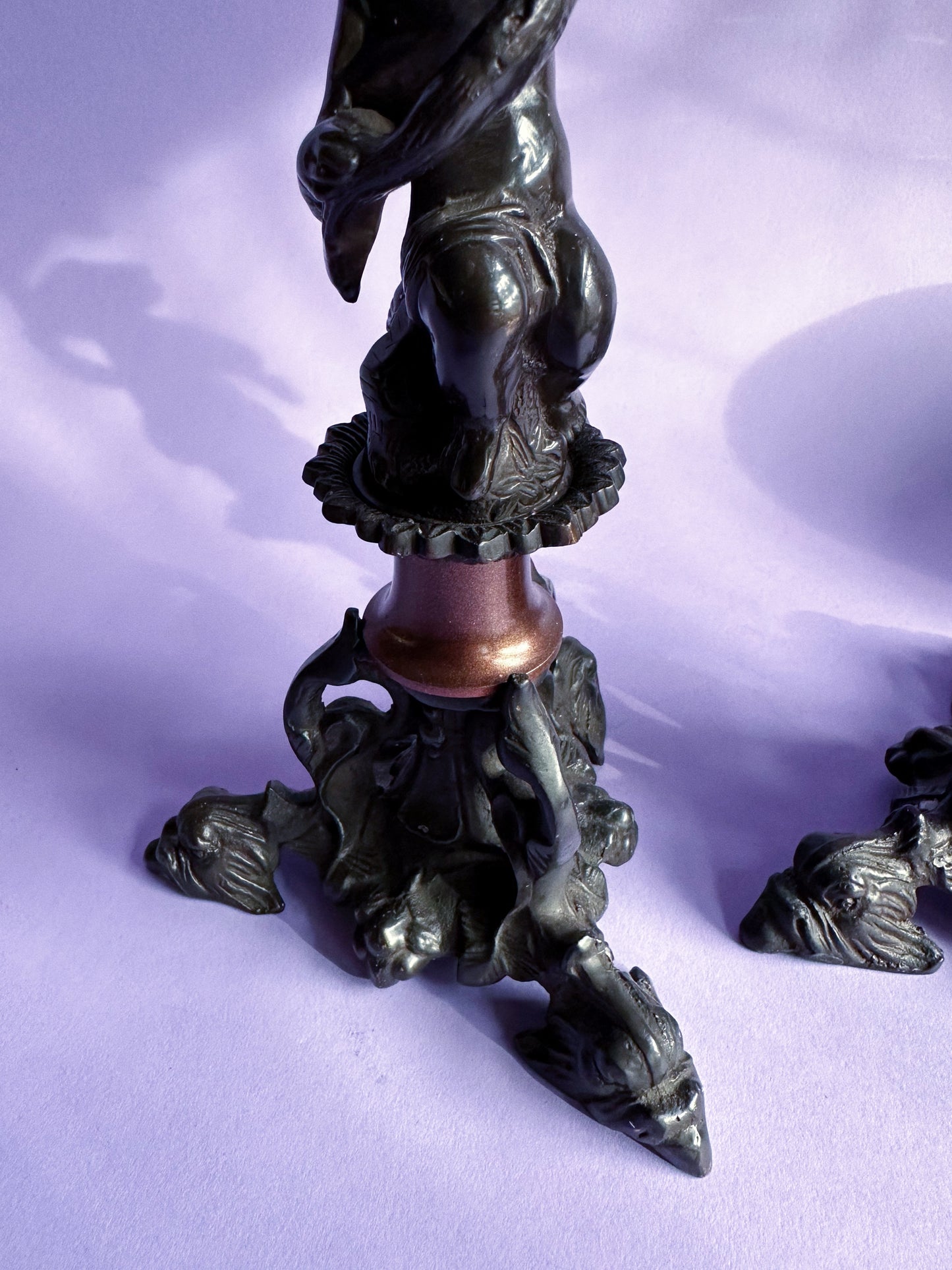 Pair Of Vintage Antique Heavy Cast Metal Cherub Candlesticks