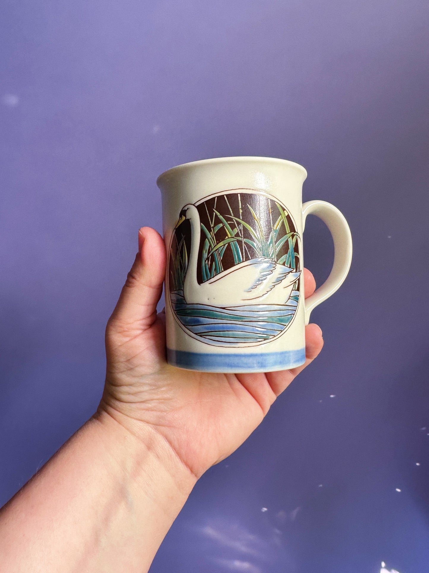 Pair Of Vintage Otagiri Swan Mugs Blue Ceramic Water Plants Lake Japan