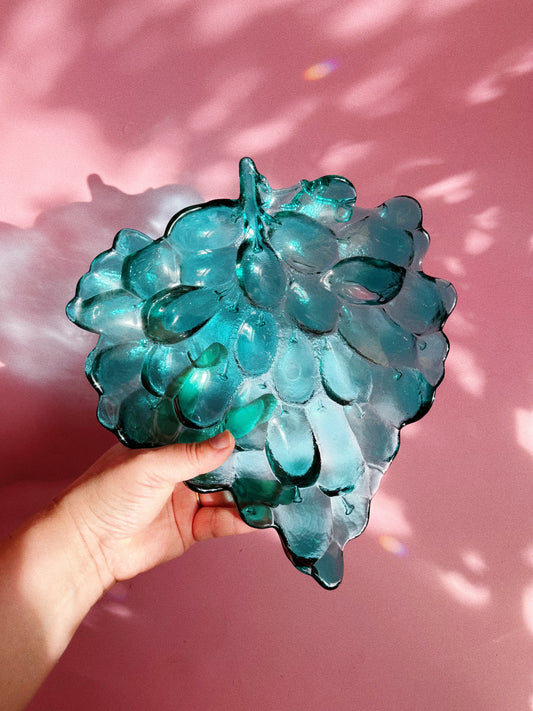 Vintage MCM Teal Glass Grape Platter
