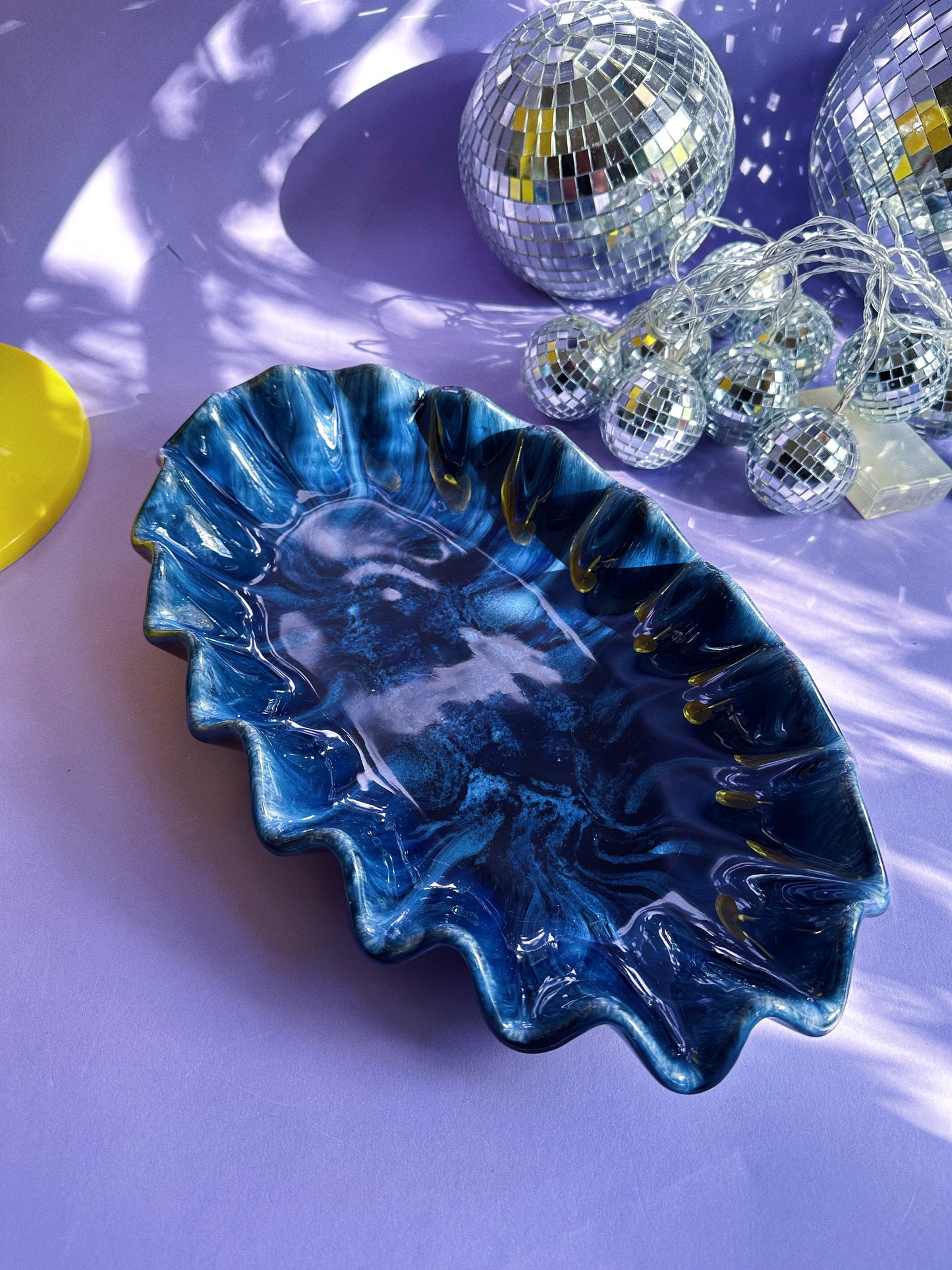 Artisan Made Blue Mountain Pottery Ruffled Dish Blue Dripped Glaze