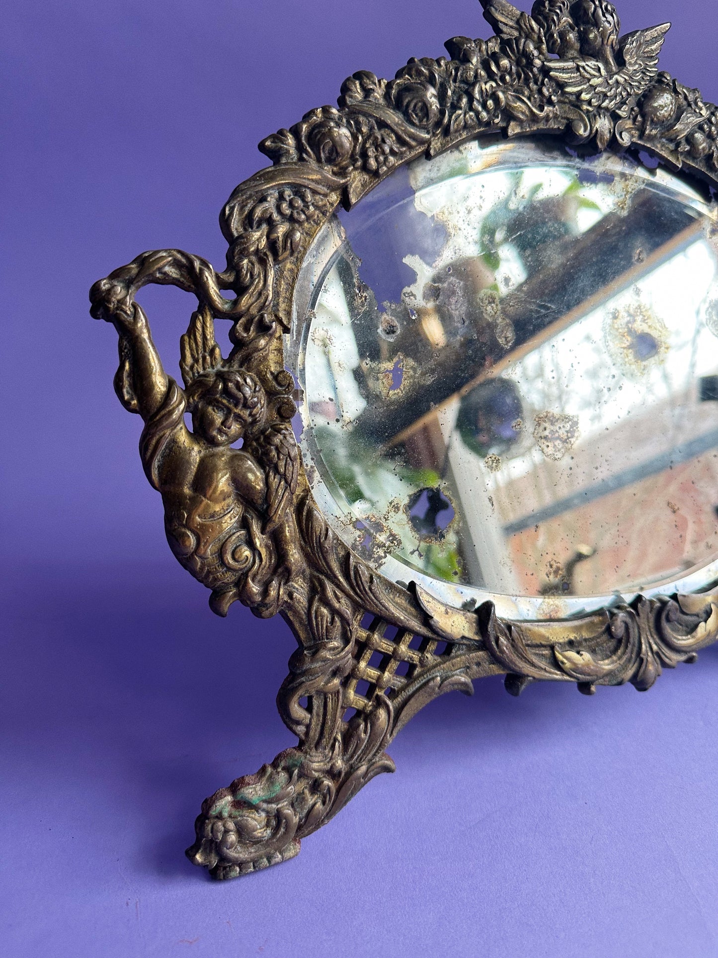 Antique Brass Victorian Ornate Cherubs & Beveled Edge Mirror