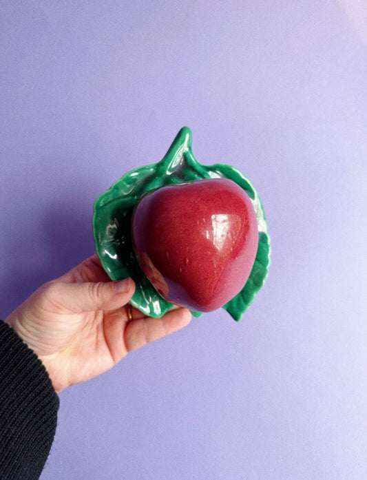 Vintage Art Pottery Red Apple Wall Pocket Green Leaf Majolica Unmarked McCoy
