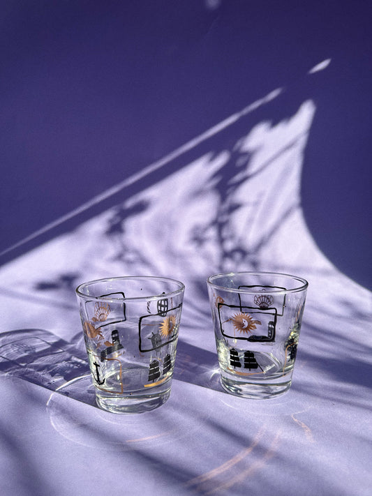 Pair Of Gold Black MCM Rock Glasses Tumblers Anchors Ships Seashells Nautical