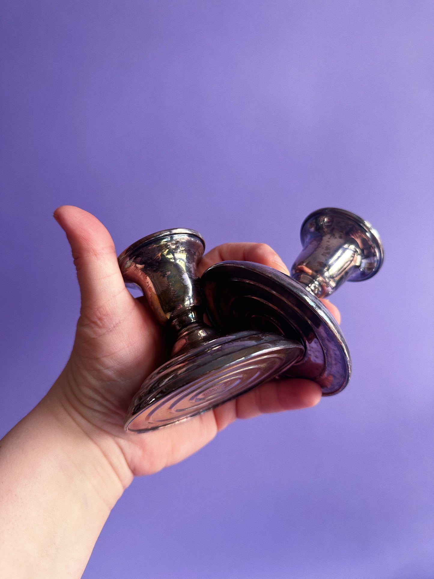 Vintage Pair 2 Birks Regency Silver Plate Candle Stick Holders E P Copper Patina