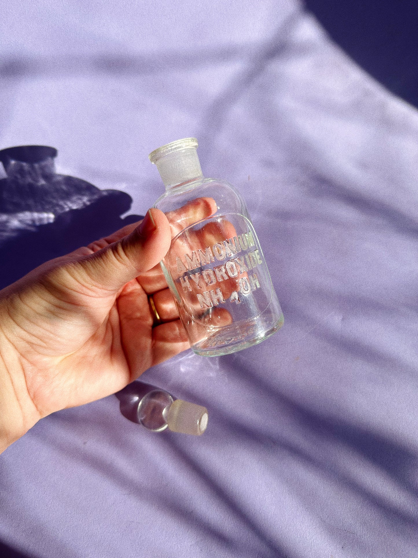 Antique Wheaton Embossed Glass Bottle with Stopper, Ammonium Hydroxide, Glass Apothecary Bottle