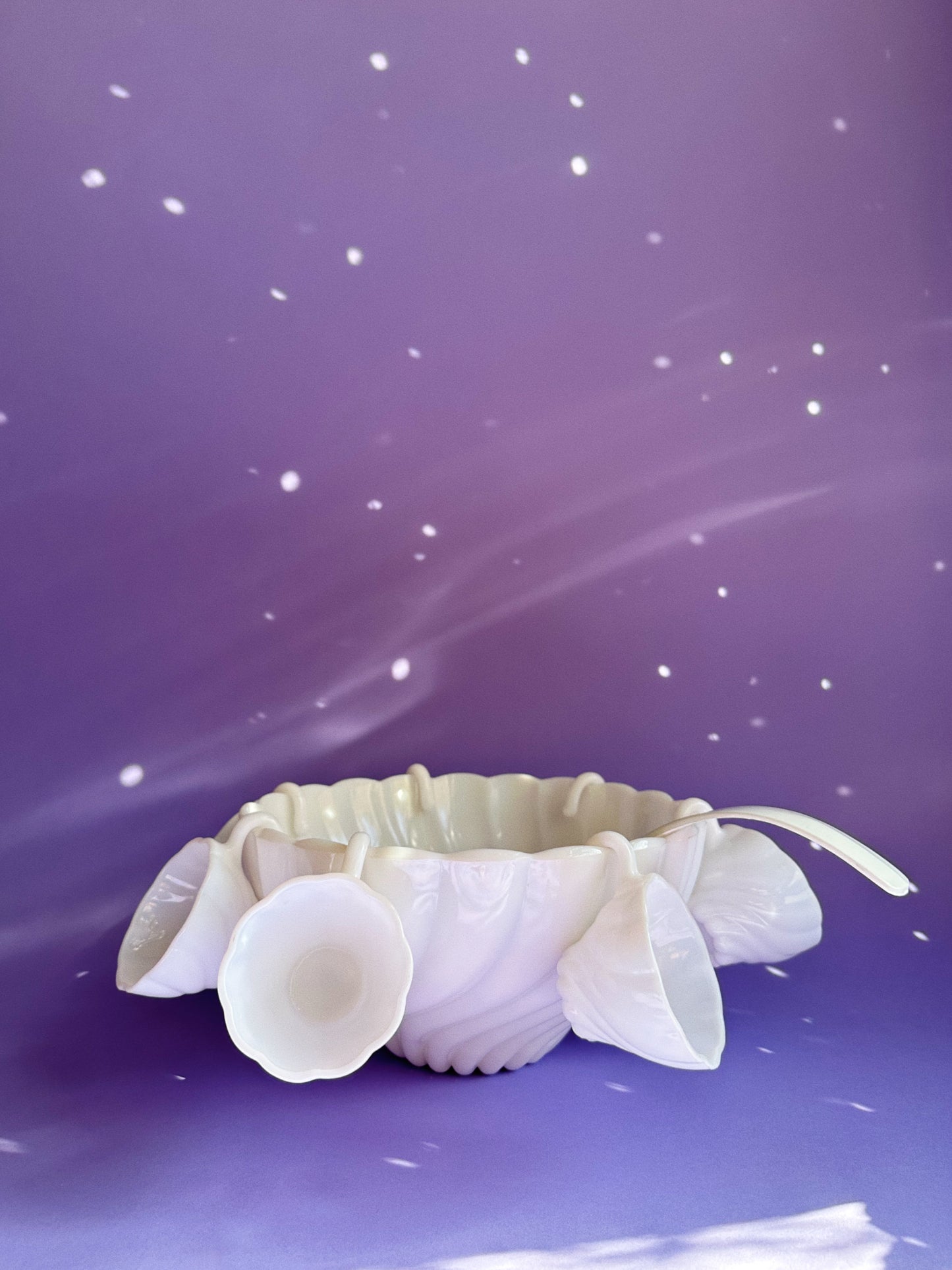 9 pc Vintage Hazel Atlas Milk Glass Alpine White Swirl Punch Bowl Set