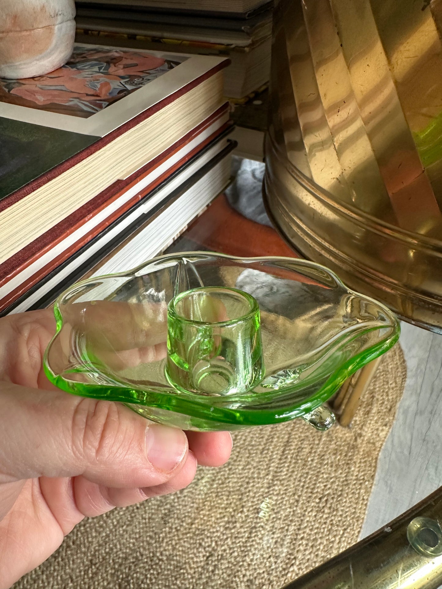 Vintage 1930s Uranium Glass Fostoria Footed Candleholders - Fairfax Pattern