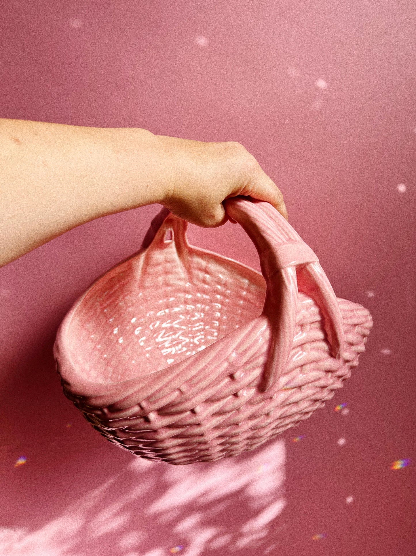 Large Vintage Ceramic Weaved Pink Basket