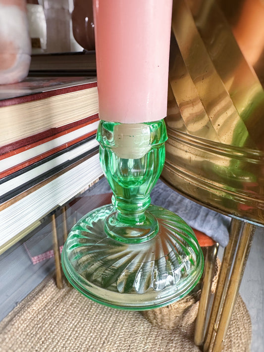 3.5” Single Light Twisted Optic Green Candlestick Uranium 1920s, 30s