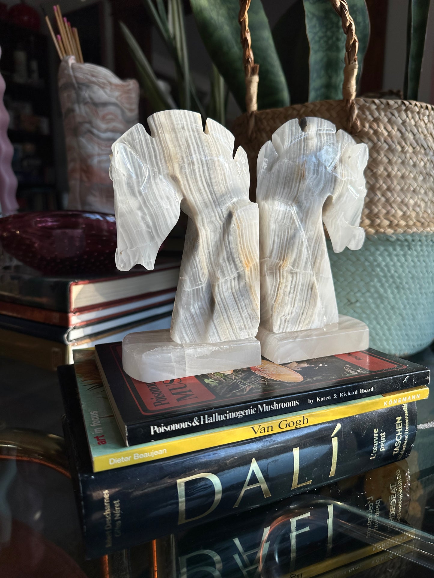 Vintage Pair Carved Onyx Stone Trojan Horse Head Bookends 6 1/4”