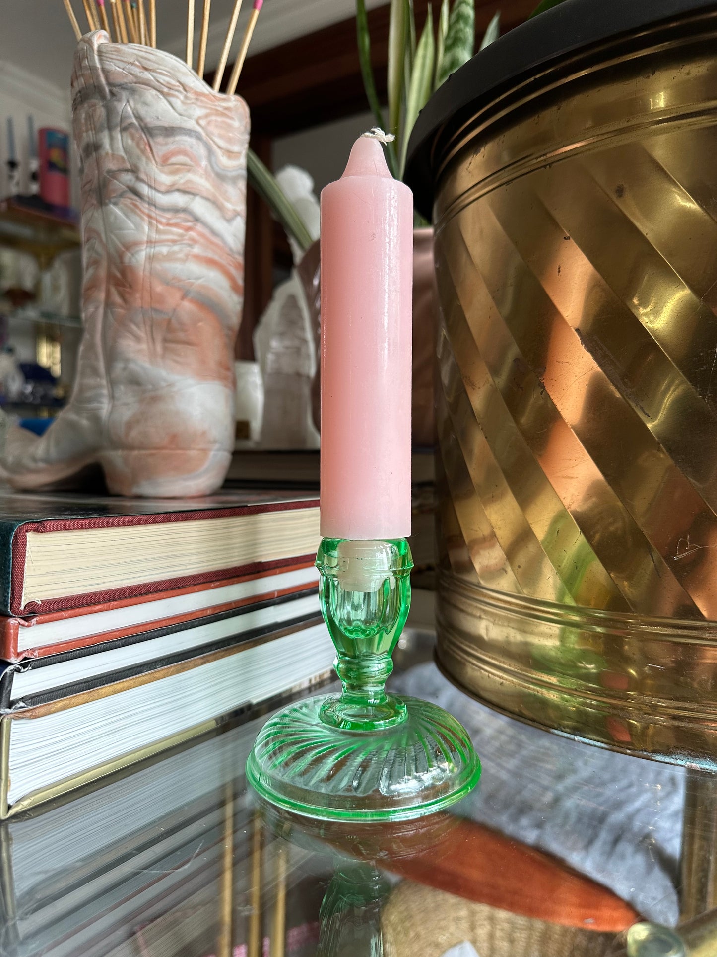 3.5” Single Light Twisted Optic Green Candlestick Uranium 1920s, 30s