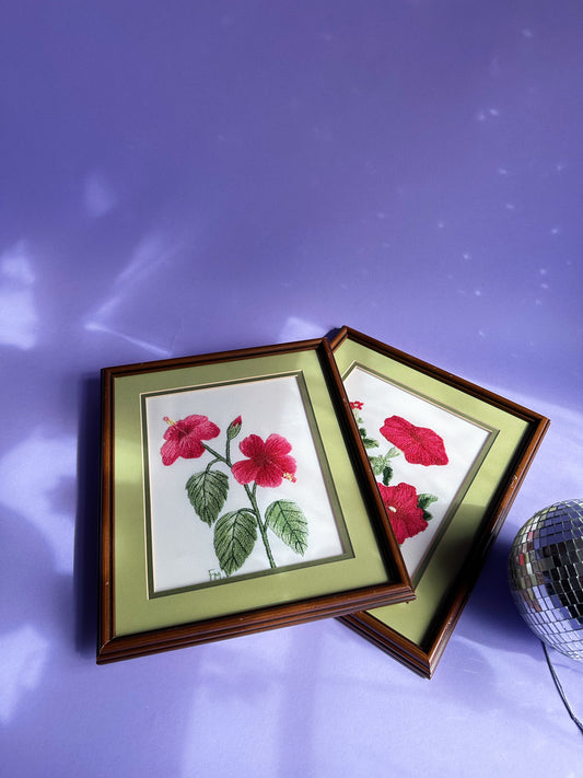 Vintage Pair of Japanese Red Floral Framed Crewel