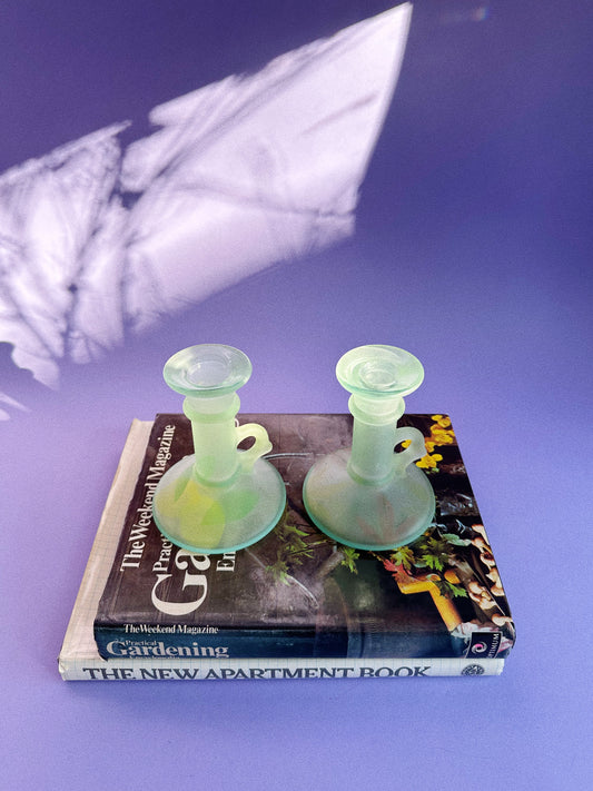 Vintage Italian Green Frosted Glass Candlesticks