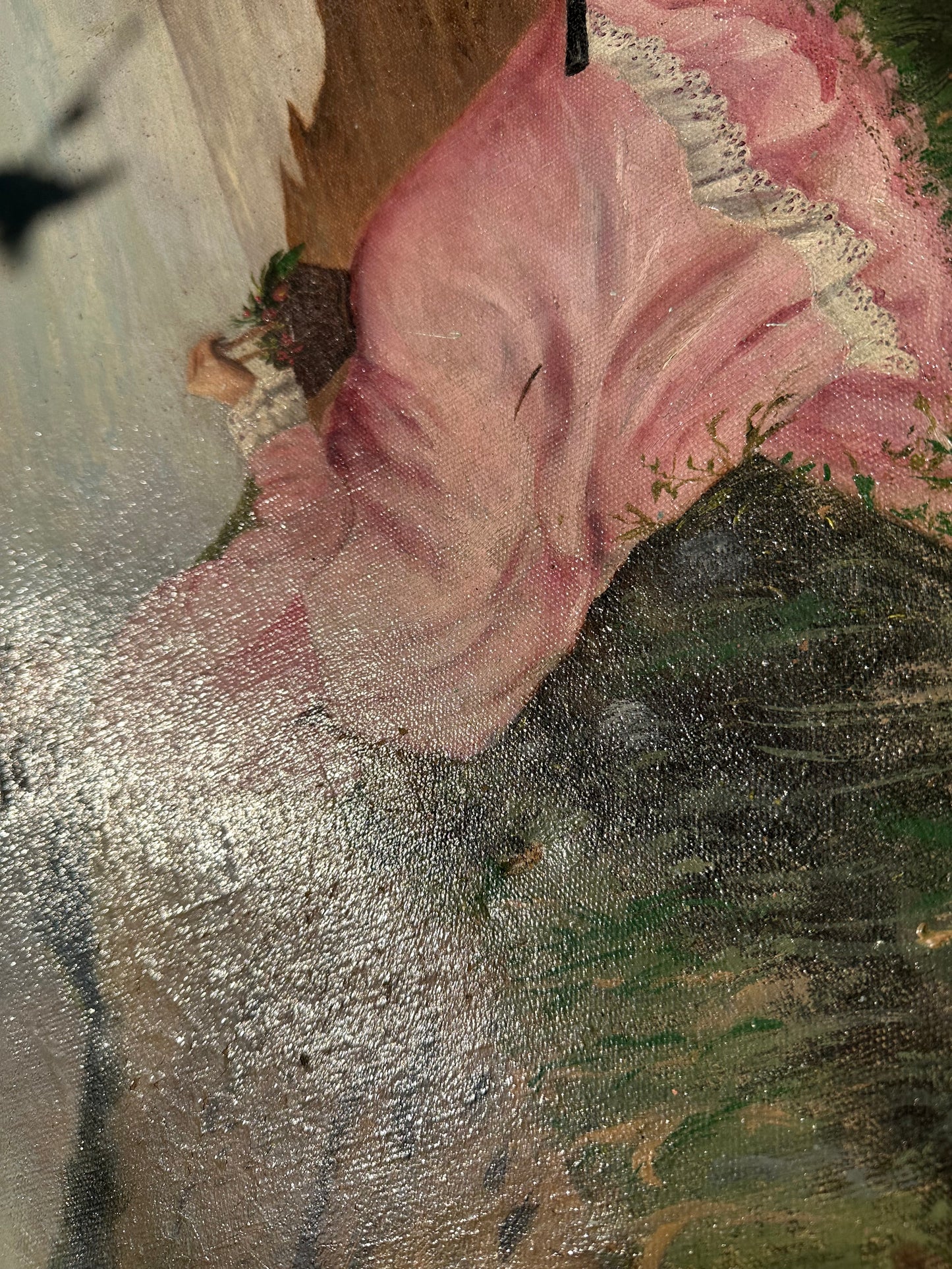 Victorian Oil-On-Canvas Young Lady By The Shore, Boat, Basket Flowers, Unframed