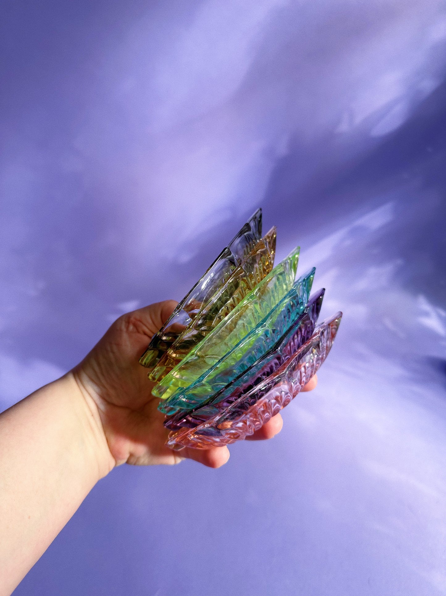 Vintage Japanese Leaf Shaped Harlequin Coloured Glass Ashtrays Set Of 6