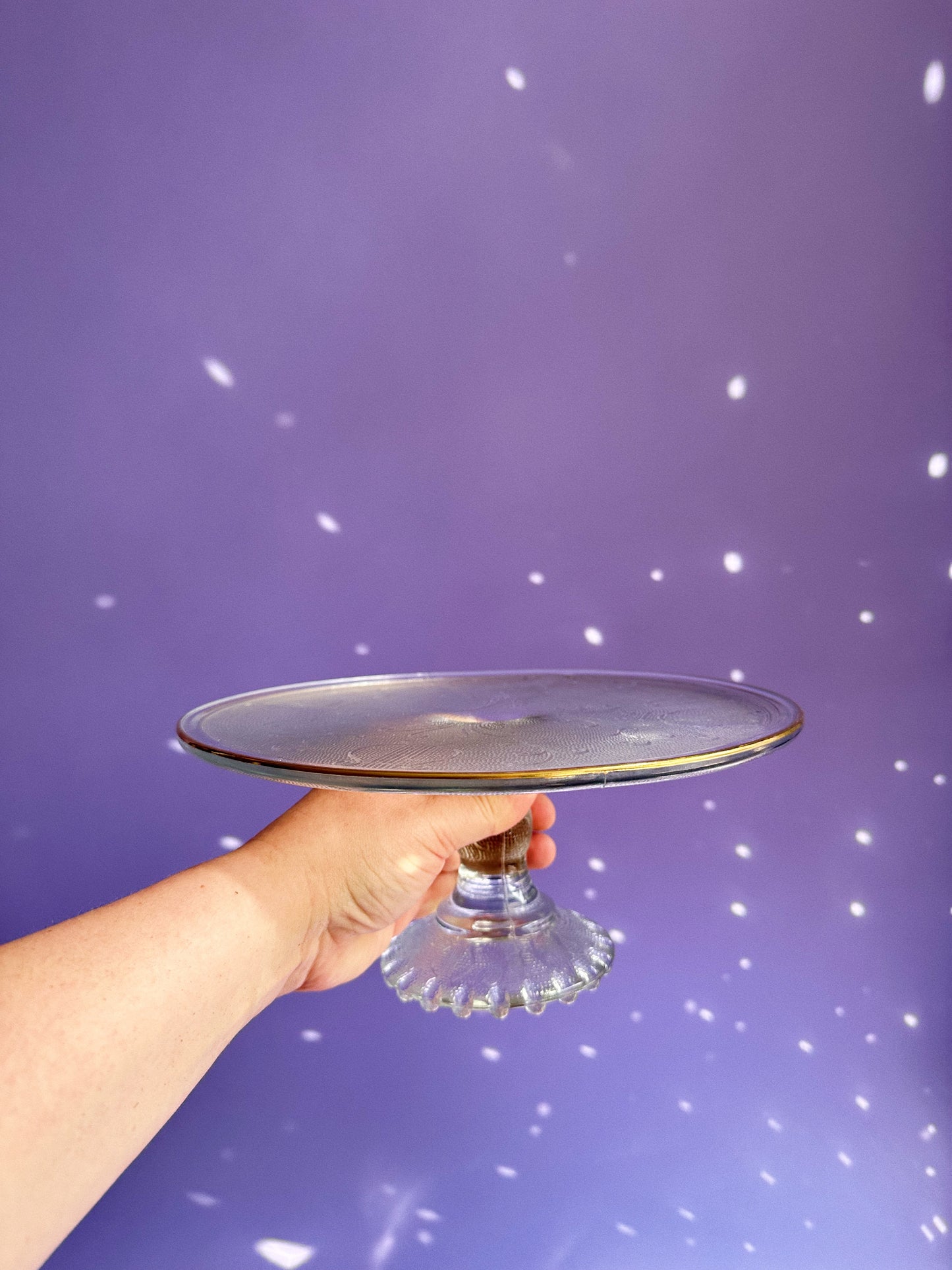 Vintage Jeannette Glass Cake Stand Harp Scroll Gold Trim Pedestal