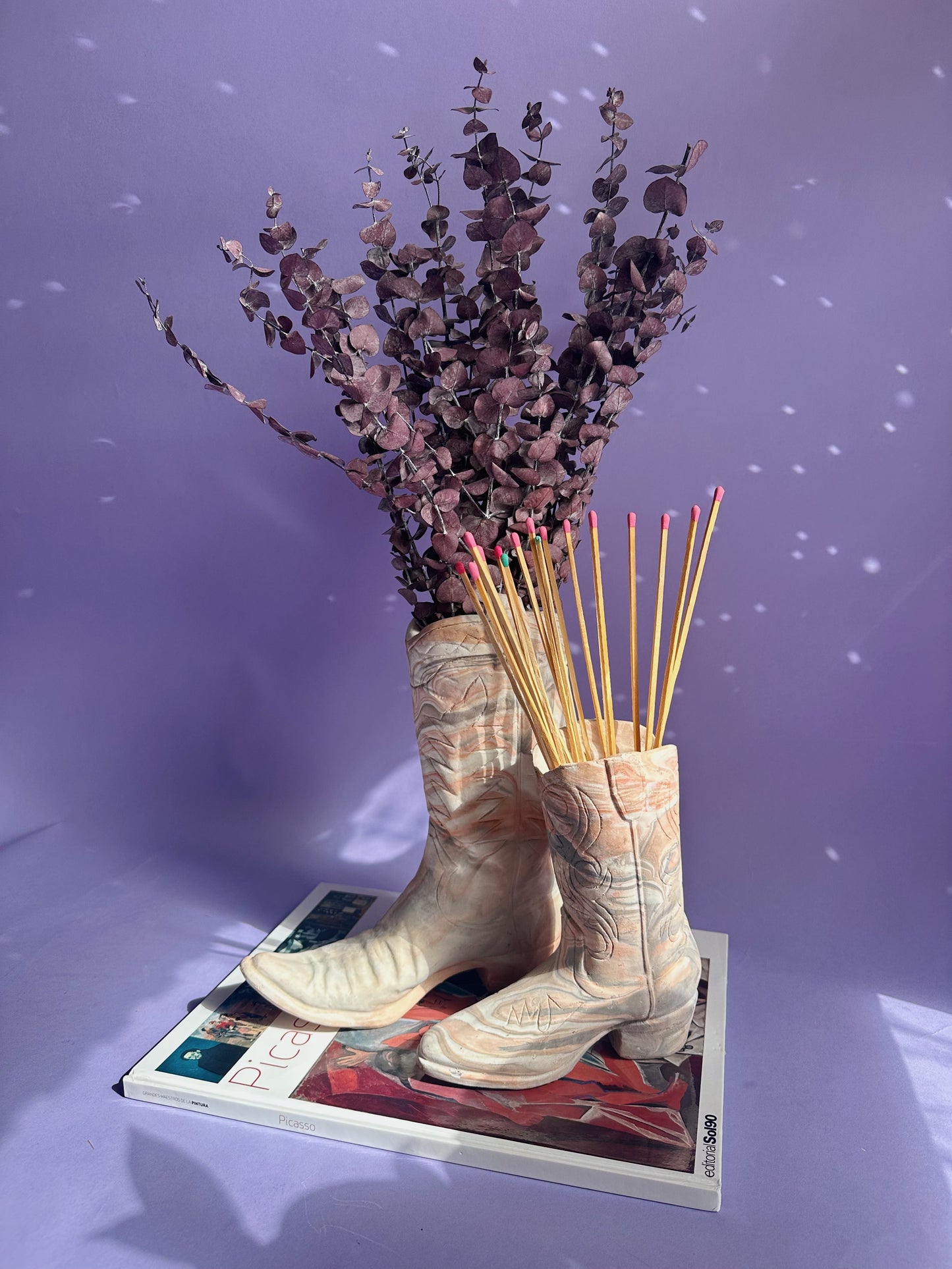 Vintage Marbled Concrete Cowboy Boot Sculpture Planter Vase Distressed (Larger)