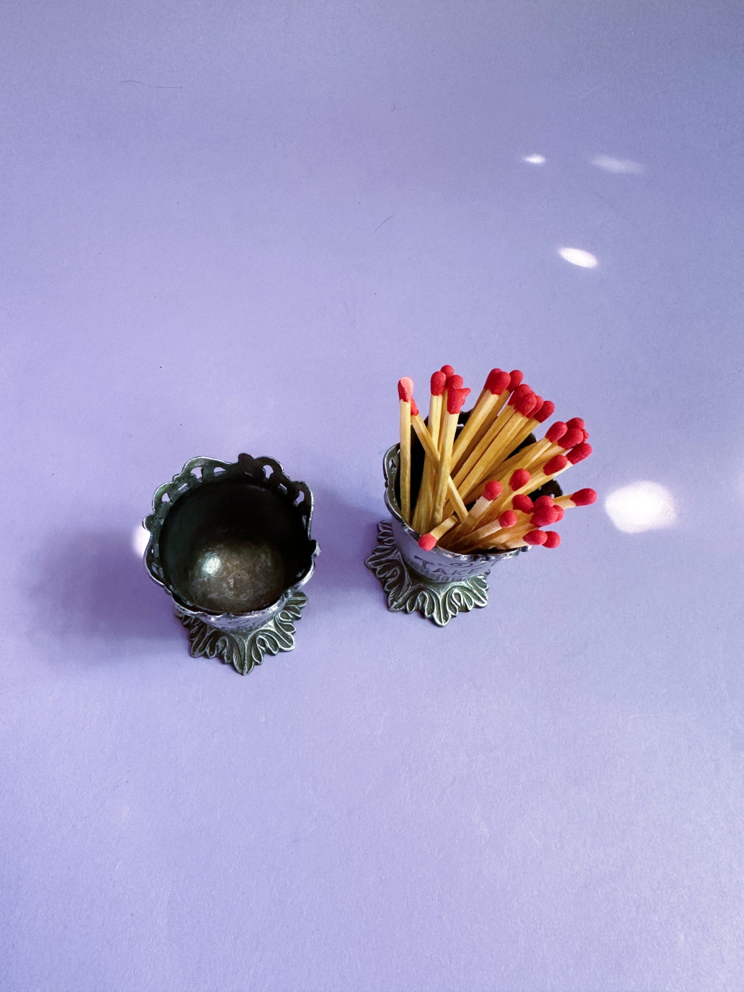 Antique Pair Of Pewter Toothpick / Match Holders Lacy Top Ornate "TAKE ONE"